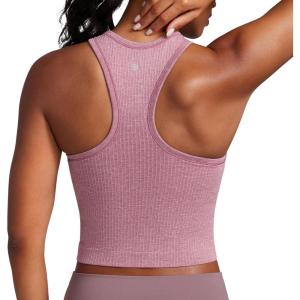 imageCRZ YOGA Womens Seamless Ribbed Longline High Neck Sports Bra  Racerback Padded Slim Fit Crop Tank Top with Built in PadsMisty Merlot Heather