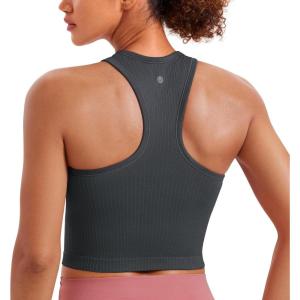 imageCRZ YOGA Womens Seamless Ribbed Longline High Neck Sports Bra  Racerback Padded Slim Fit Crop Tank Top with Built in PadsMysterious Grey