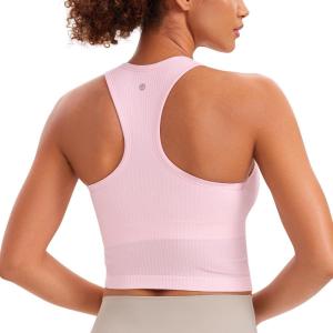 imageCRZ YOGA Womens Seamless Ribbed Longline High Neck Sports Bra  Racerback Padded Slim Fit Crop Tank Top with Built in PadsStrawberry Pink