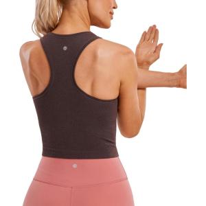 imageCRZ YOGA Womens Seamless Ribbed Longline High Neck Sports Bra  Racerback Padded Slim Fit Crop Tank Top with Built in PadsTaupe