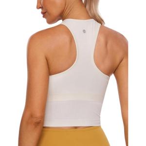 imageCRZ YOGA Womens Seamless Ribbed Longline High Neck Sports Bra  Racerback Padded Slim Fit Crop Tank Top with Built in PadsWhite Apricot