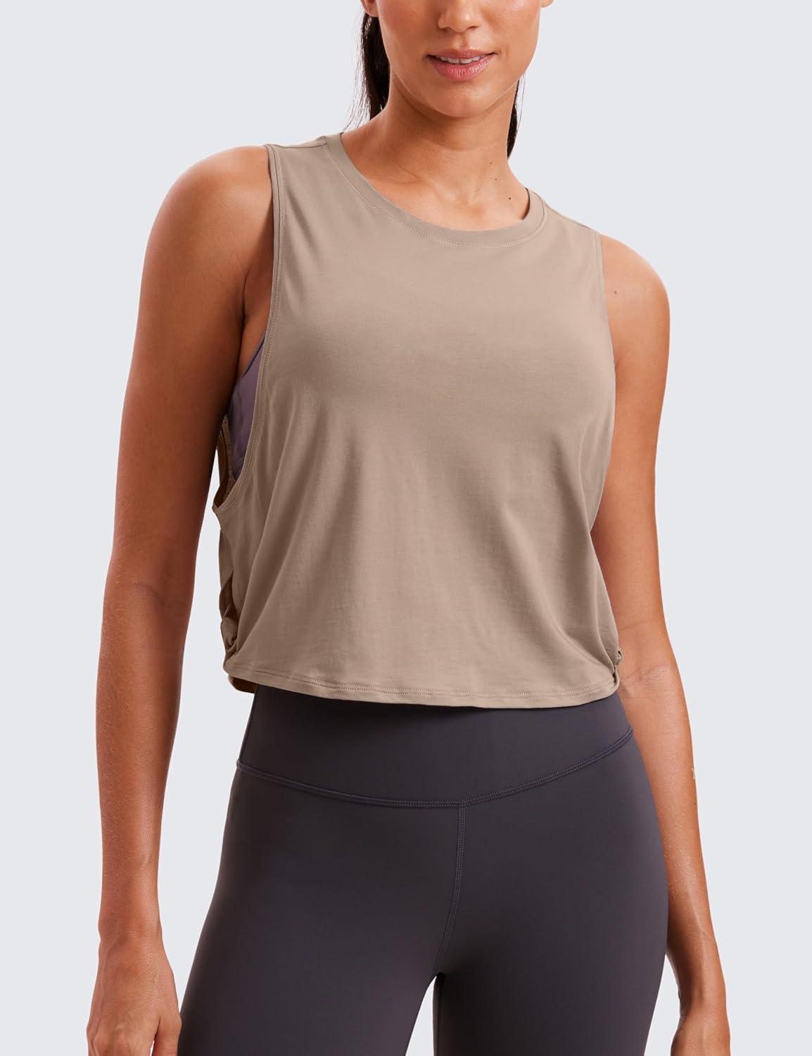 imageCRZ YOGA Pima Cotton Cropped Workout Tank Tops for Women  Sleeveless Sports Athletic Yoga Running Gym Crop ShirtsMortar Color