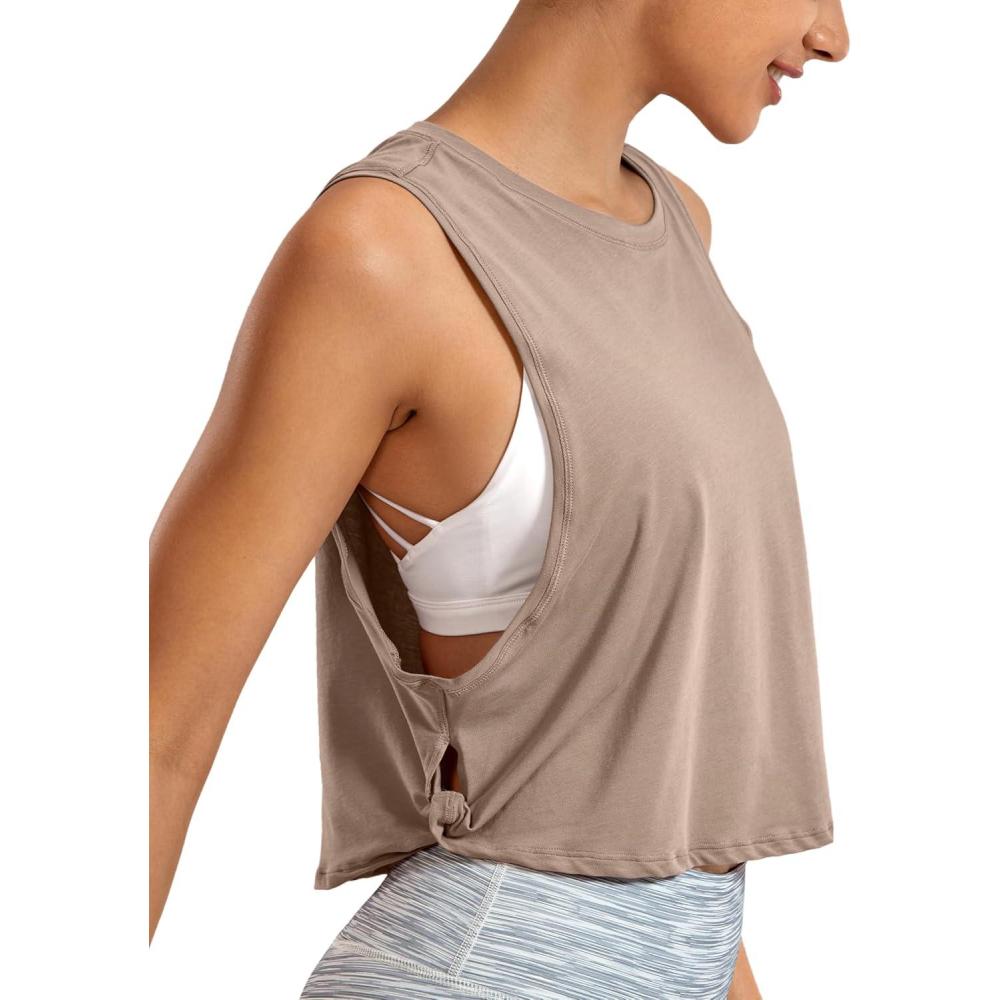 imageCRZ YOGA Pima Cotton Cropped Workout Tank Tops for Women  Sleeveless Sports Athletic Yoga Running Gym Crop ShirtsMortar Color