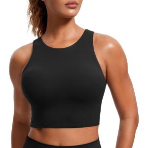 imageCRZ YOGA Butterluxe Racerback High Neck Longline Sports Bras for Women  Padded Workout Crop Tank Tops with Built in PadsBlack