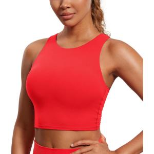 imageCRZ YOGA Butterluxe Racerback High Neck Longline Sports Bras for Women  Padded Workout Crop Tank Tops with Built in PadsDeep Red