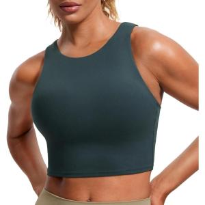 imageCRZ YOGA Butterluxe Racerback High Neck Longline Sports Bras for Women  Padded Workout Crop Tank Tops with Built in PadsForest Dark Green