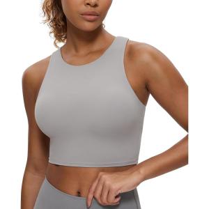 imageCRZ YOGA Butterluxe Racerback High Neck Longline Sports Bras for Women  Padded Workout Crop Tank Tops with Built in PadsGull Gray