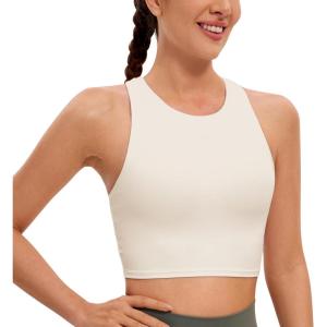 imageCRZ YOGA Butterluxe Racerback High Neck Longline Sports Bras for Women  Padded Workout Crop Tank Tops with Built in PadsWhite Apricot
