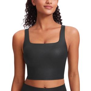 imageCRZ YOGA Butterluxe Womens Square Neck Longline Sports Bra  Workout Crop Tank Tops Padded Yoga Camisole with Built in PadsBlack Foil Pattern