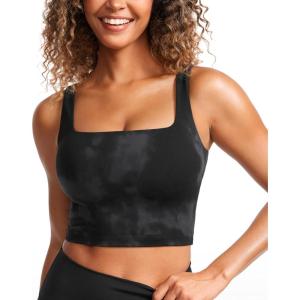 imageCRZ YOGA Butterluxe Womens Square Neck Longline Sports Bra  Workout Crop Tank Tops Padded Yoga Camisole with Built in PadsBlack Tie Dye Flowers