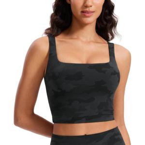 imageCRZ YOGA Butterluxe Womens Square Neck Longline Sports Bra  Workout Crop Tank Tops Padded Yoga Camisole with Built in PadsDark Grey Camouflage 2