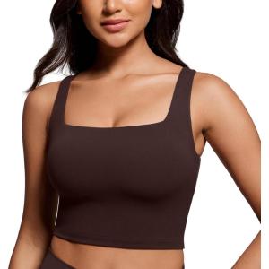 imageCRZ YOGA Butterluxe Womens Square Neck Longline Sports Bra  Workout Crop Tank Tops Padded Yoga Camisole with Built in PadsHot Fudge Brown