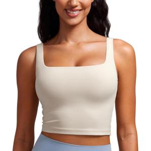 imageCRZ YOGA Butterluxe Womens Square Neck Longline Sports Bra  Workout Crop Tank Tops Padded Yoga Camisole with Built in PadsMojave Tan