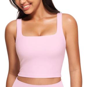 imageCRZ YOGA Butterluxe Womens Square Neck Longline Sports Bra  Workout Crop Tank Tops Padded Yoga Camisole with Built in PadsPink Peony