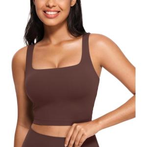 imageCRZ YOGA Butterluxe Womens Square Neck Longline Sports Bra  Workout Crop Tank Tops Padded Yoga Camisole with Built in PadsTaupe