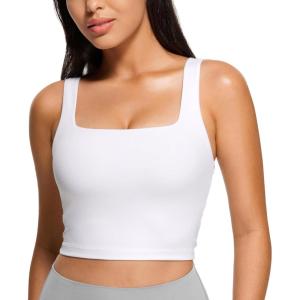 imageCRZ YOGA Butterluxe Womens Square Neck Longline Sports Bra  Workout Crop Tank Tops Padded Yoga Camisole with Built in PadsWhite