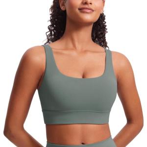 imageCRZ YOGA Butterluxe Womens U Back Sports Bra  Scoop Neck Padded Low Impact Yoga Clothes Workout Crop Top with Built in PadsGrey Sage