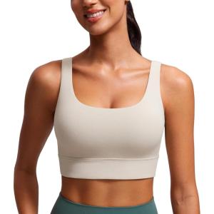 imageCRZ YOGA Butterluxe Womens U Back Sports Bra  Scoop Neck Padded Low Impact Yoga Clothes Workout Crop Top with Built in PadsMojave Tan