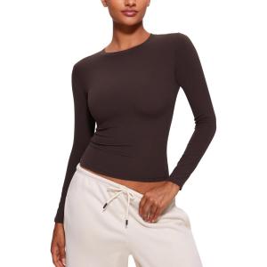 imageCRZ YOGA Long Sleeve Shirts for Women Soft Crew Neck Fall Basic Tight Tops Fitted Casual Going Out TShirtsHot Fudge Brown