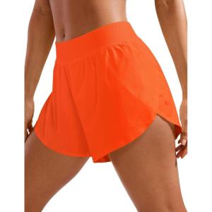 imageCRZ YOGA Mid Waisted Dolphin Athletic Shorts for Women 4quot Lightweight High Split for Gym Workout with Liner Quick DryNeon Orange