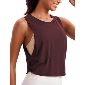imageCRZ YOGA Pima Cotton Cropped Workout Tank Tops for Women  Sleeveless Sports Athletic Yoga Running Gym Crop ShirtsDeep Armholedark Red