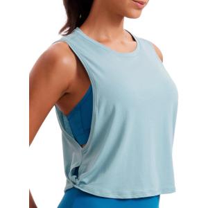 imageCRZ YOGA Pima Cotton Cropped Workout Tank Tops for Women  Sleeveless Sports Athletic Yoga Running Gym Crop ShirtsDeep Armholepure Blue
