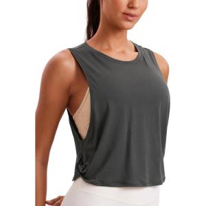 imageCRZ YOGA Pima Cotton Cropped Workout Tank Tops for Women  Sleeveless Sports Athletic Yoga Running Gym Crop ShirtsGrey Olive