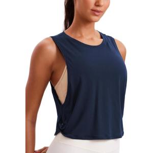 imageCRZ YOGA Pima Cotton Cropped Workout Tank Tops for Women  Sleeveless Sports Athletic Yoga Running Gym Crop ShirtsNavy