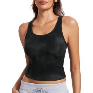 imageCRZ YOGA Womens Butterluxe Double Lined Workout Tank Tops Scoop Neck Racerback Cropped Casual Sleeveless ShirtBlack Tie Dye Flowers