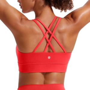 imageCRZ YOGA Womens Butterluxe Strappy Longline Sports Bra  Molded Cup Double Spaghetti Strap Workout Yoga Crop Top AthleticDeep Red