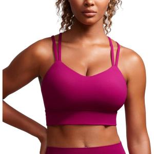 imageCRZ YOGA Womens Butterluxe Strappy Longline Sports Bra  Molded Cup Double Spaghetti Strap Workout Yoga Crop Top AthleticMagenta Purple