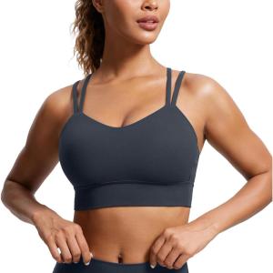 imageCRZ YOGA Womens Butterluxe Strappy Longline Sports Bra  Molded Cup Double Spaghetti Strap Workout Yoga Crop Top AthleticTrue Navy