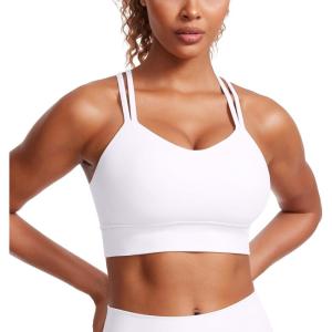 imageCRZ YOGA Womens Butterluxe Strappy Longline Sports Bra  Molded Cup Double Spaghetti Strap Workout Yoga Crop Top AthleticWhite