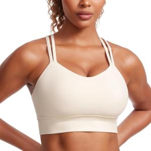 imageCRZ YOGA Womens Butterluxe Strappy Longline Sports Bra  Molded Cup Double Spaghetti Strap Workout Yoga Crop Top AthleticWhite Apricot