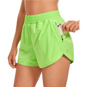 imageCRZ YOGA Womens High Waisted Running Shorts Mesh Liner 3 Dolphin Quick Dry for Athletic Gym Track Workout with Zip PocketGreen Glow