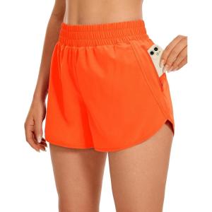 imageCRZ YOGA Womens High Waisted Running Shorts Mesh Liner 3 Dolphin Quick Dry for Athletic Gym Track Workout with Zip PocketNeon Orange