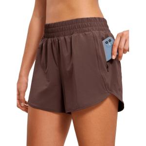 imageCRZ YOGA Womens High Waisted Running Shorts Mesh Liner 3 Dolphin Quick Dry for Athletic Gym Track Workout with Zip PocketTaupe