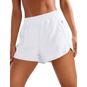 imageCRZ YOGA Womens High Waisted Running Shorts Mesh Liner 3 Dolphin Quick Dry for Athletic Gym Track Workout with Zip PocketWhite