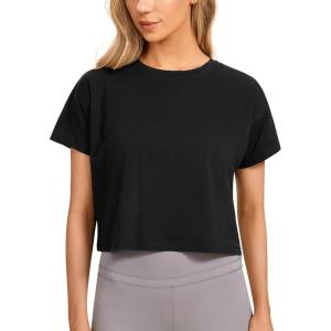 imageCRZ YOGA Womens Pima Cotton Workout Short Sleeve Shirts Loose Athletic Crop Tops Gym Casual Cropped TShirtBlack