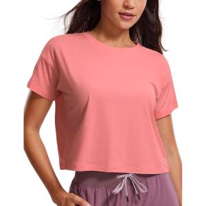 imageCRZ YOGA Womens Pima Cotton Workout Short Sleeve Shirts Loose Athletic Crop Tops Gym Casual Cropped TShirtBriar Rose