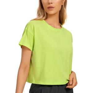 imageCRZ YOGA Womens Pima Cotton Workout Short Sleeve Shirts Loose Athletic Crop Tops Gym Casual Cropped TShirtBright Verdancy