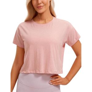 imageCRZ YOGA Womens Pima Cotton Workout Short Sleeve Shirts Loose Athletic Crop Tops Gym Casual Cropped TShirtCinnamon Ash