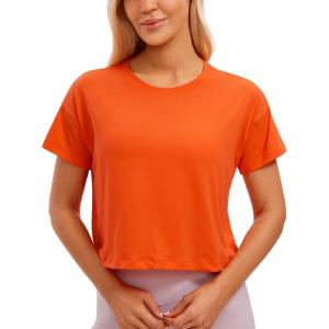 imageCRZ YOGA Womens Pima Cotton Workout Short Sleeve Shirts Loose Athletic Crop Tops Gym Casual Cropped TShirtCoral