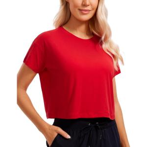 imageCRZ YOGA Womens Pima Cotton Workout Short Sleeve Shirts Loose Athletic Crop Tops Gym Casual Cropped TShirtFestival Red