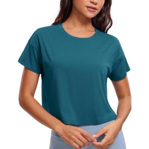 imageCRZ YOGA Womens Pima Cotton Workout Short Sleeve Shirts Loose Athletic Crop Tops Gym Casual Cropped TShirtGreen Jade