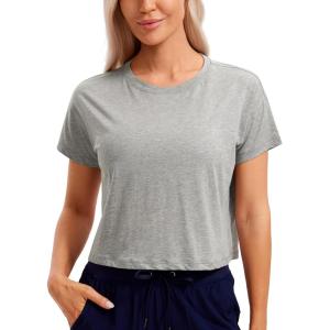 imageCRZ YOGA Womens Pima Cotton Workout Short Sleeve Shirts Loose Athletic Crop Tops Gym Casual Cropped TShirtHeathered Medium Grey