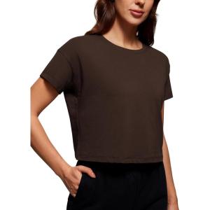 imageCRZ YOGA Womens Pima Cotton Workout Short Sleeve Shirts Loose Athletic Crop Tops Gym Casual Cropped TShirtHot Fudge Brown