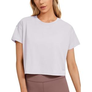imageCRZ YOGA Womens Pima Cotton Workout Short Sleeve Shirts Loose Athletic Crop Tops Gym Casual Cropped TShirtIced Iris
