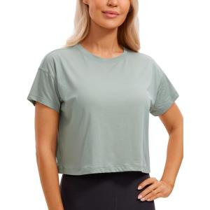 imageCRZ YOGA Womens Pima Cotton Workout Short Sleeve Shirts Loose Athletic Crop Tops Gym Casual Cropped TShirtJade Grey