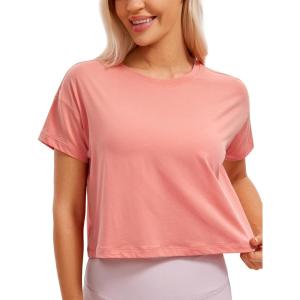 imageCRZ YOGA Womens Pima Cotton Workout Short Sleeve Shirts Loose Athletic Crop Tops Gym Casual Cropped TShirtPeach Pink
